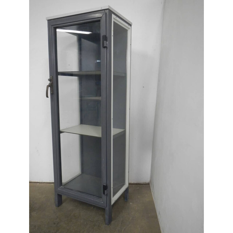 Vintage laboratory display cabinet in gray iron and wood