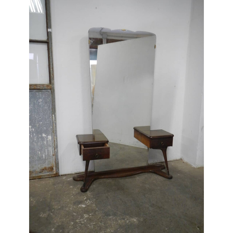 Vintage mirror with 2 drawers in beech, walnut and brass