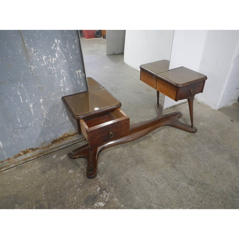 Vintage mirror with 2 drawers in beech, walnut and brass