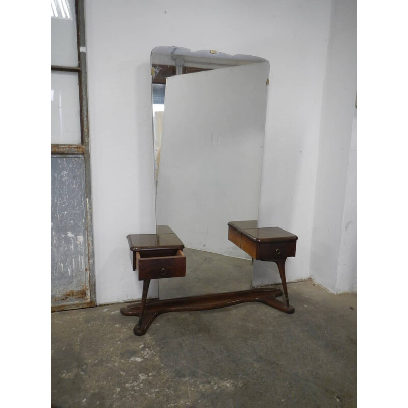 Miroir vintage avec 2 tiroirs en hêtre, noyer et laiton