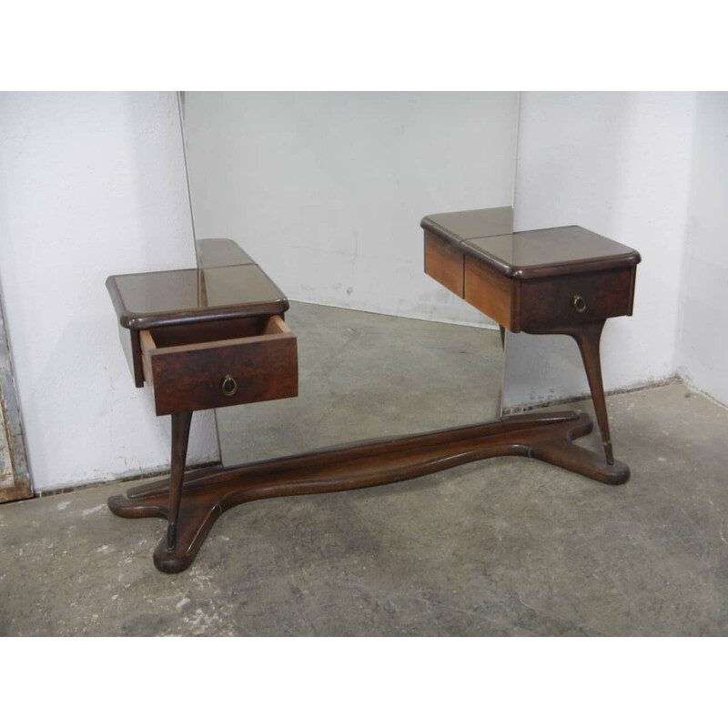 Vintage mirror with 2 drawers in beech, walnut and brass