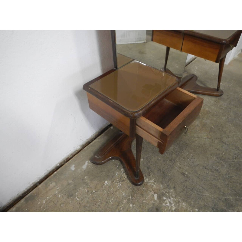 Vintage mirror with 2 drawers in beech, walnut and brass