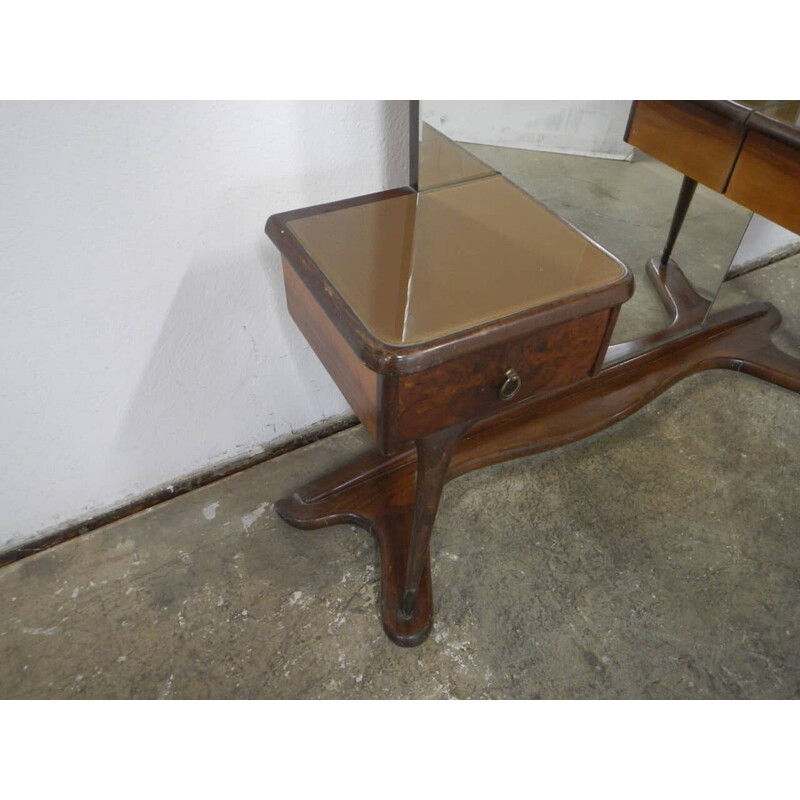 Vintage mirror with 2 drawers in beech, walnut and brass