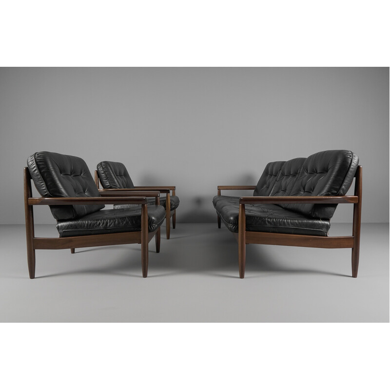 Canapé vintage 3 places scandinave en bois et cuir, 1960