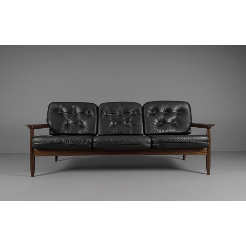 Skandinavisches 3-Sitzer-Sofa aus Holz und Leder, 1960er Jahre