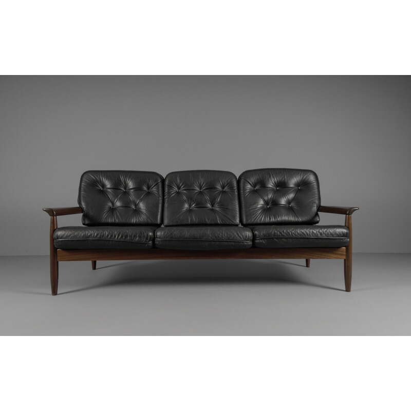 Vintage Scandinavian 3-seater sofa in wood and leather, 1960s