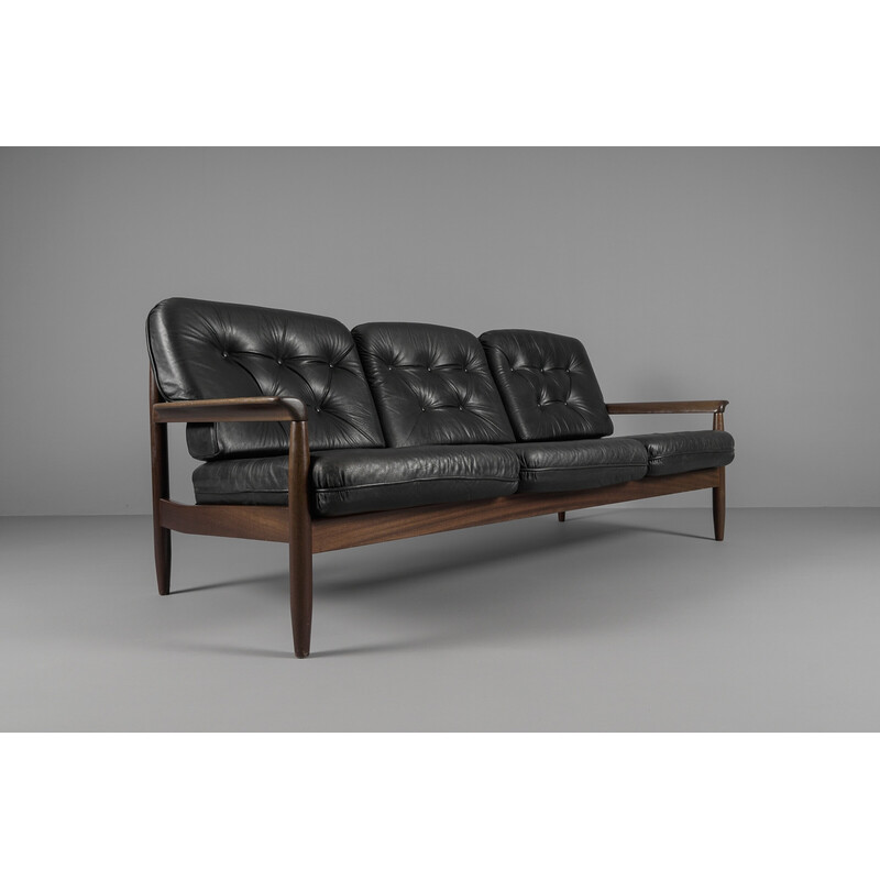 Canapé vintage 3 places scandinave en bois et cuir, 1960