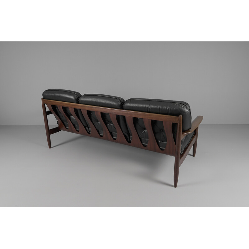 Skandinavisches 3-Sitzer-Sofa aus Holz und Leder, 1960er Jahre