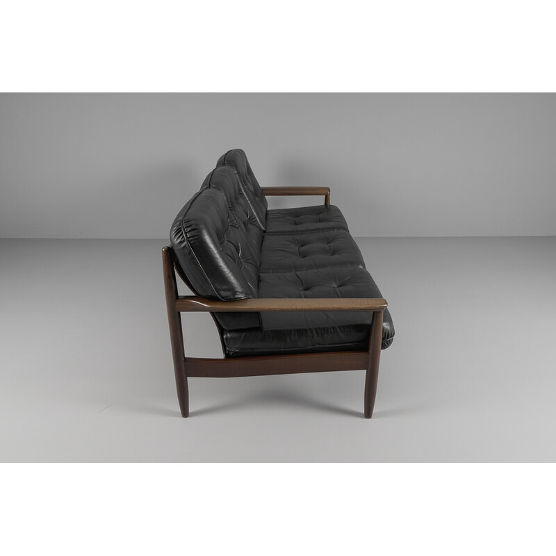 Skandinavisches 3-Sitzer-Sofa aus Holz und Leder, 1960er Jahre