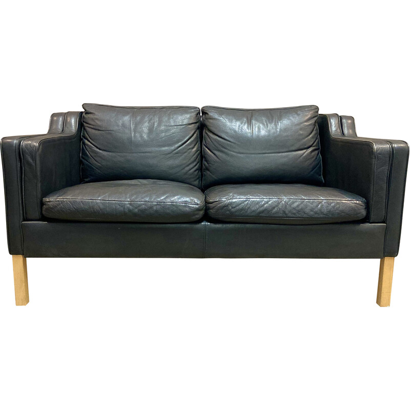 Skandinavisches 2-Sitzer Vintage-Sofa aus schwarzem Leder und Kiefer, 1960