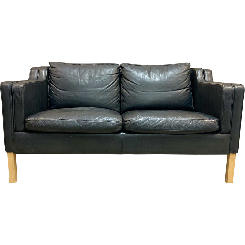 Vintage Scandinavian 2-seater sofa in black leather and pine, 1960s