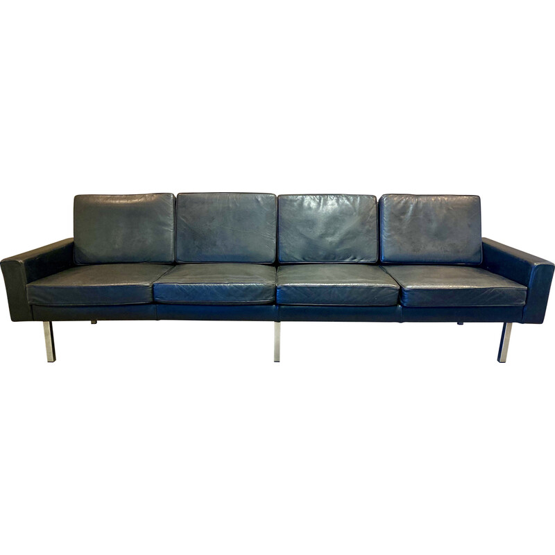Vintage 4 seater black leather and metal sofa, 1950s