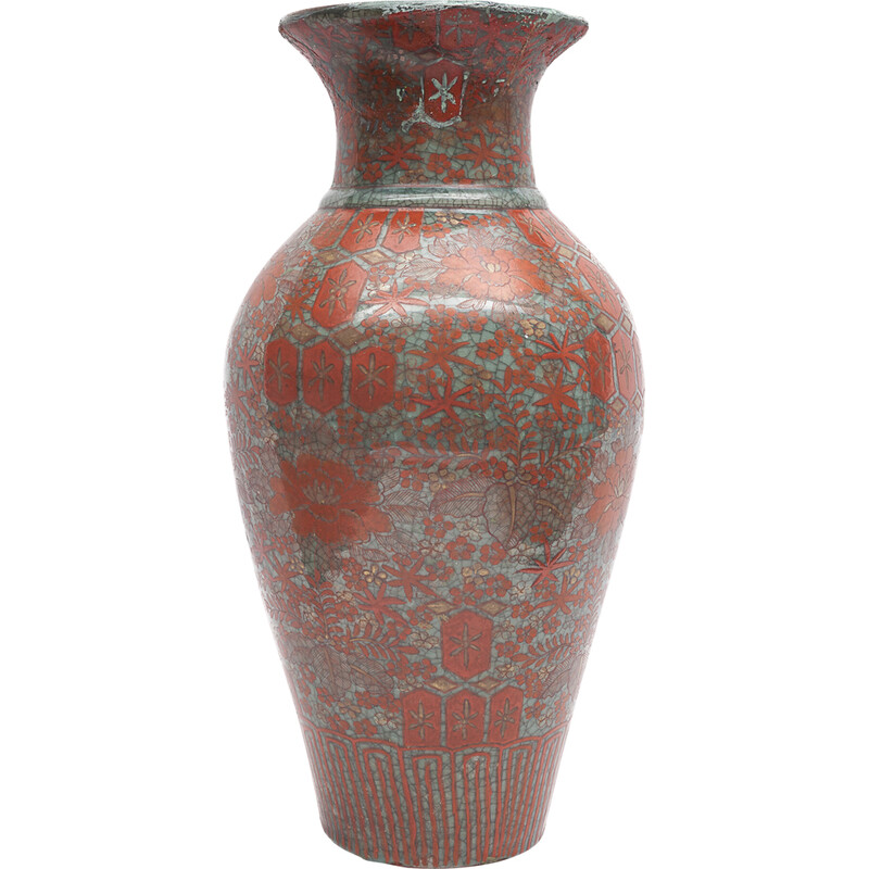Vintage celadon blue, red and gold lacquer vase, China