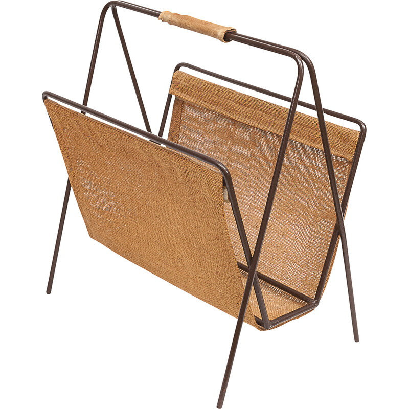 Vintage burlap and steel magazine rack, 1970s