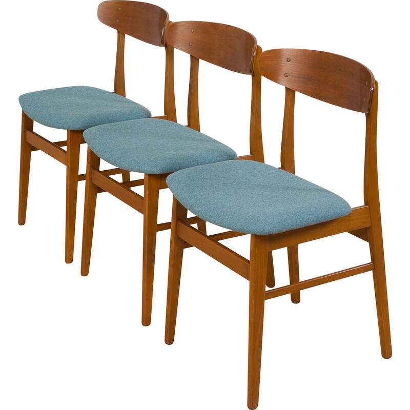 Set of 3 vintage chairs in teak and pale blue wool for Farstrup, Denmark 1960s