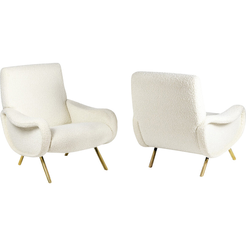 Pair of vintage Lady armchairs in brass and white fabric for Artflex, 1950s