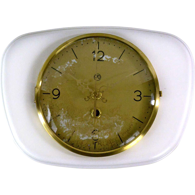 Vintage ceramic, glass and brass wall clock, Germany 1950s