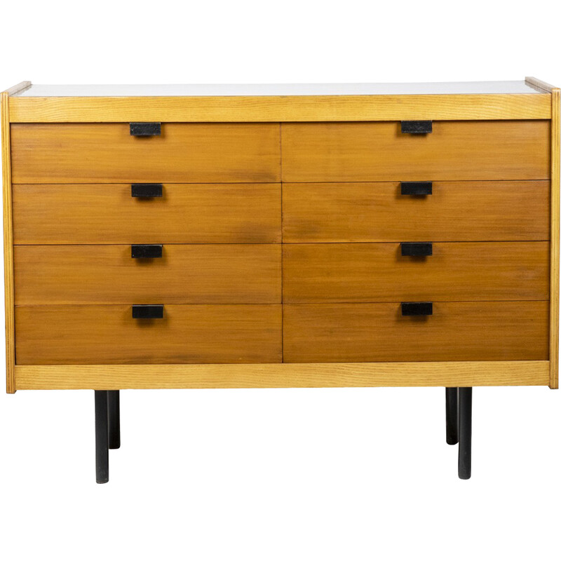 Vintage ash and mahogany chest of 8 drawers for Charron Group 4, France 1954s