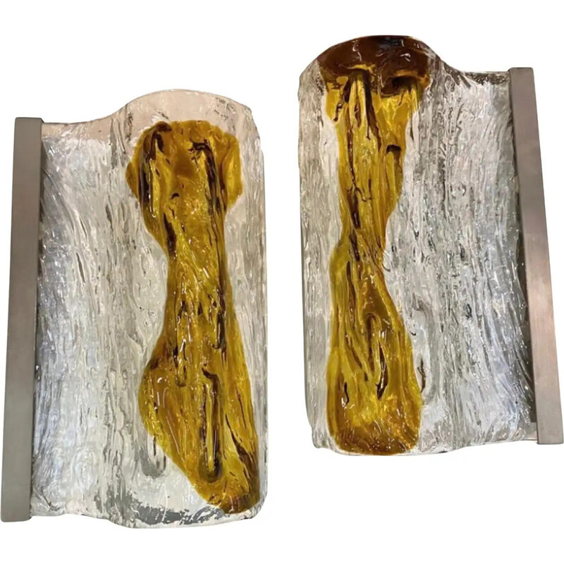Pareja de apliques vintage de cristal de Murano y metal para Venini, Italia años 70