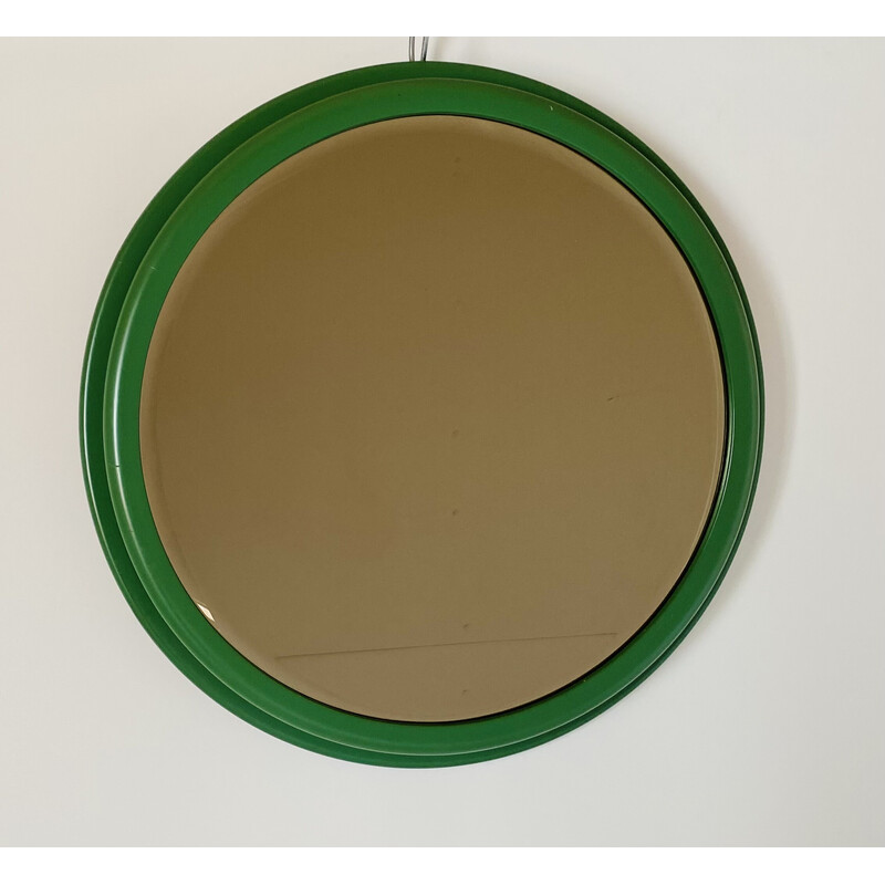 Espejo redondo vintage con marco de madera verde, Italia años 60