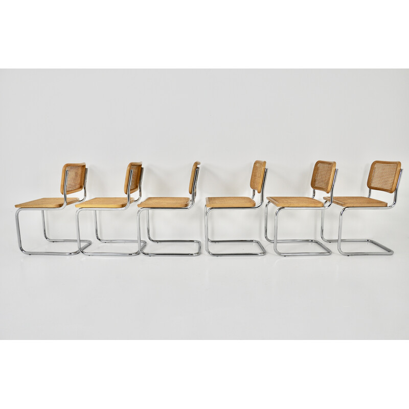 Set of 6 vintage chairs in metal, wood and rattan by Marcel Breuer