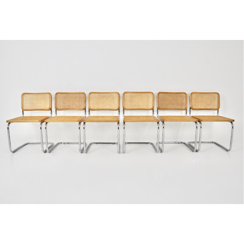 Conjunto de 6 cadeiras vintage em metal, madeira e rotim de Marcel Breuer