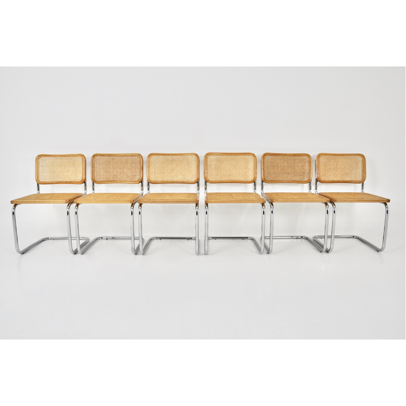 Conjunto de 6 sillas vintage de metal, madera y ratán de Marcel Breuer