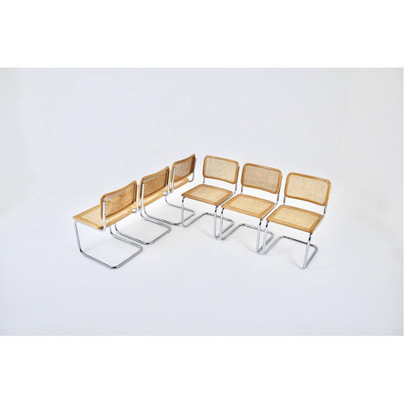 Set of 6 vintage chairs in metal, wood and rattan by Marcel Breuer