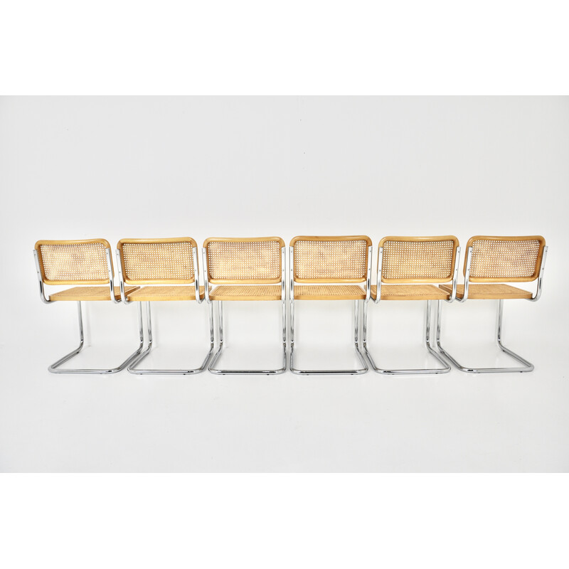 Conjunto de 6 cadeiras vintage em metal, madeira e rotim de Marcel Breuer