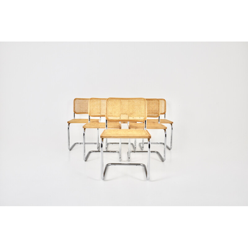 Conjunto de 6 cadeiras vintage em metal, madeira e rotim de Marcel Breuer