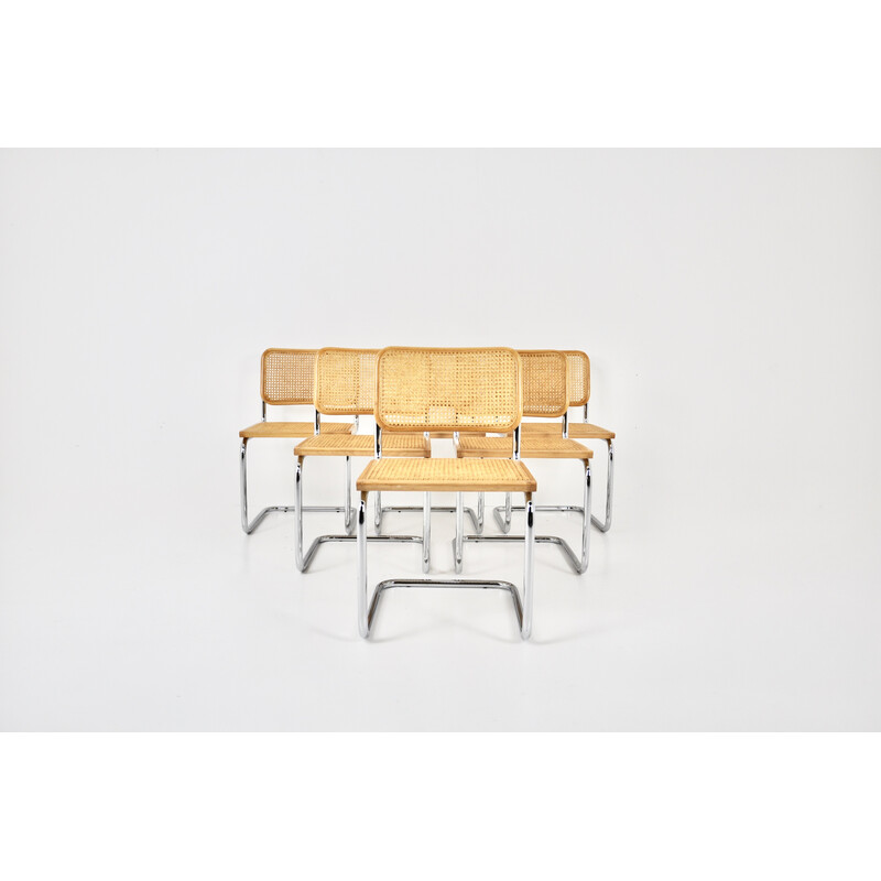 Conjunto de 6 sillas vintage de metal, madera y ratán de Marcel Breuer