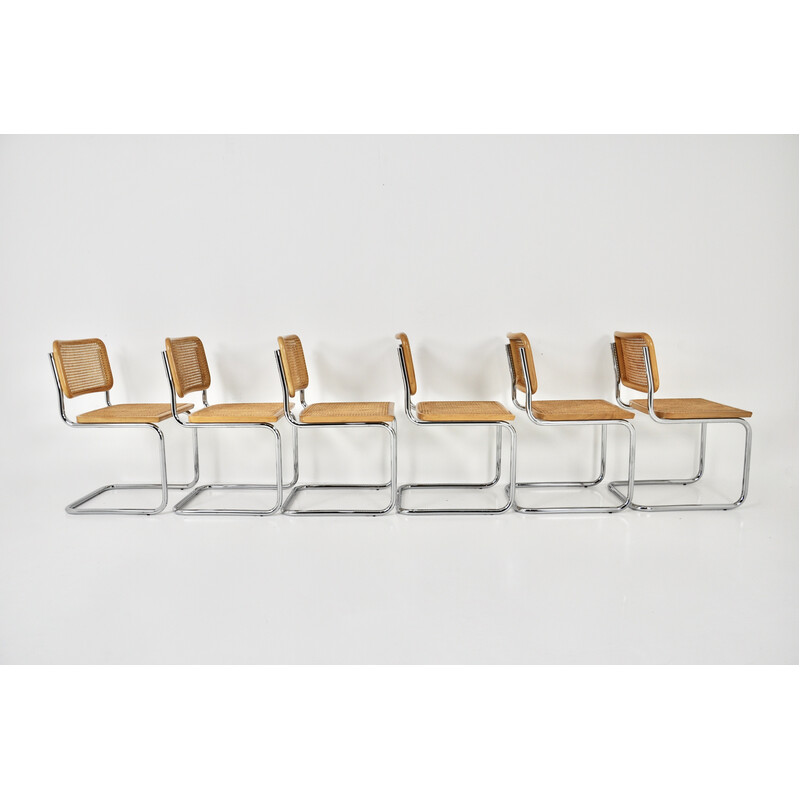 Conjunto de 6 cadeiras vintage em metal, madeira e rotim de Marcel Breuer
