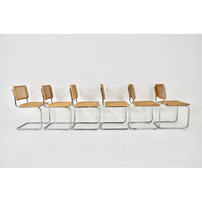 Set di 6 sedie vintage in metallo, legno e rattan di Marcel Breuer