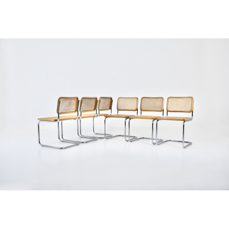 Conjunto de 6 cadeiras vintage em metal, madeira e rotim de Marcel Breuer