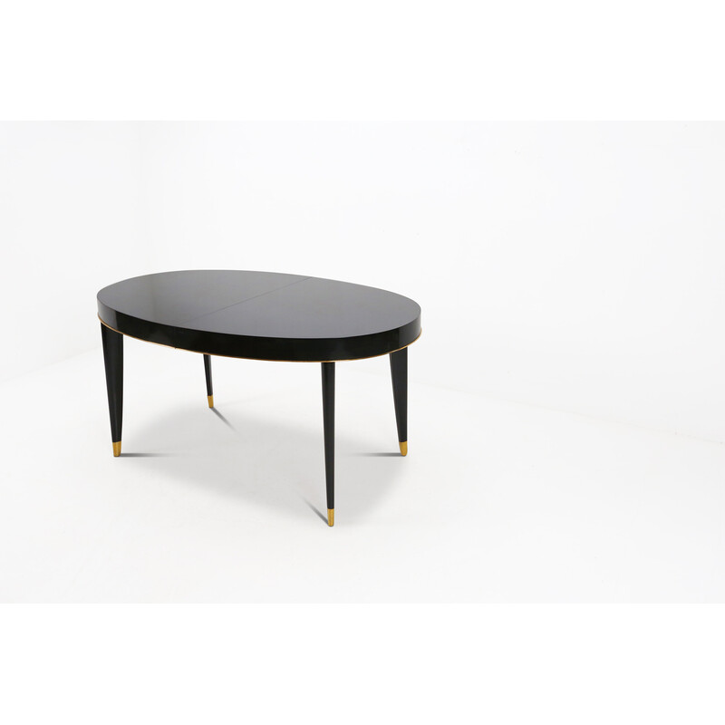 Vintage oval table in wood and brass by De Coene, Belgium 1940s