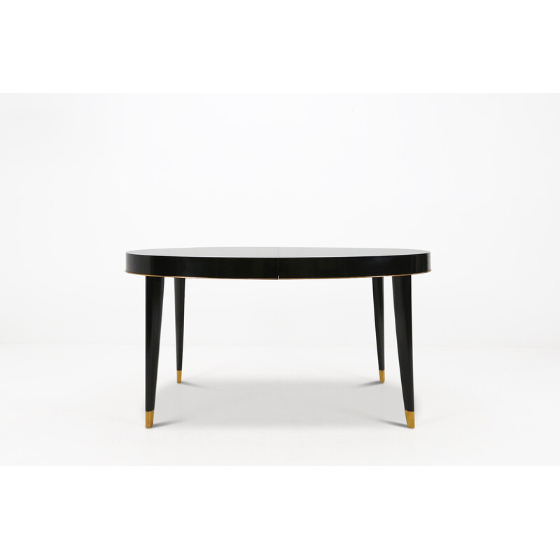 Vintage oval table in wood and brass by De Coene, Belgium 1940s