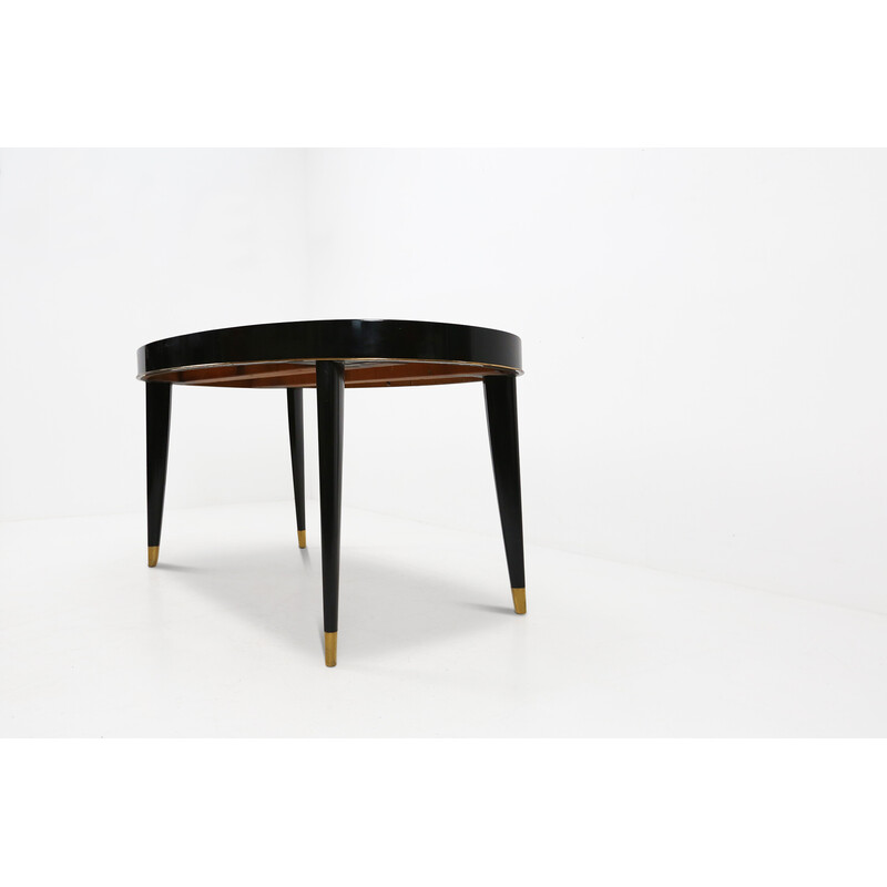 Vintage oval table in wood and brass by De Coene, Belgium 1940s
