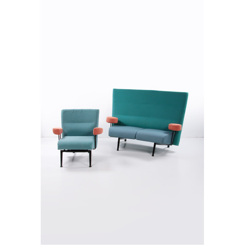Vintage sofa with metal armchair and light blue upholstery by Johannes Foersom and Hiort Lorenzen, Denmark 1980s