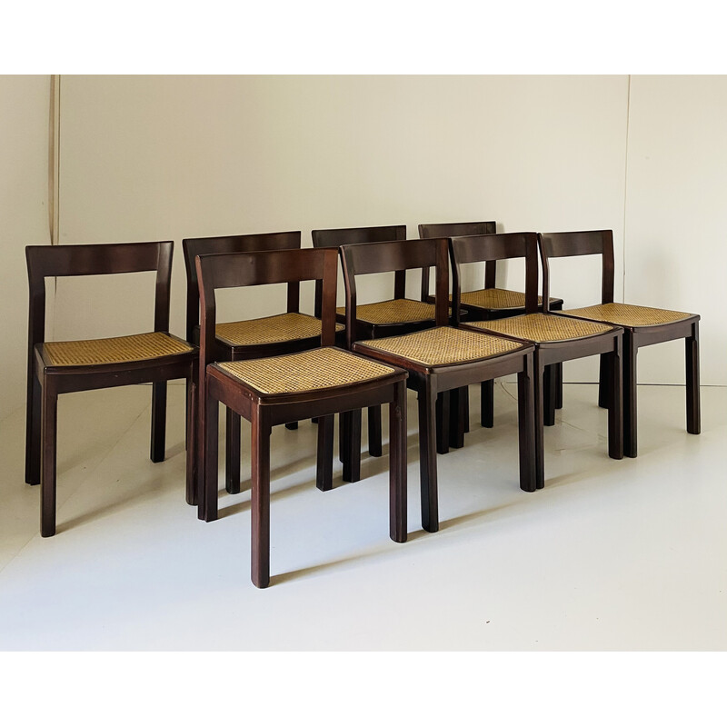 Set of 8 vintage chairs in cane and solid wood, Italy 1980s