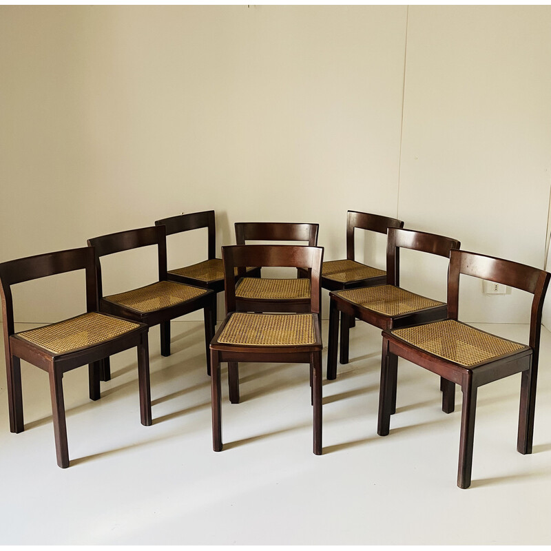 Set van 8 vintage stoelen van riet en massief hout, Italië 1980