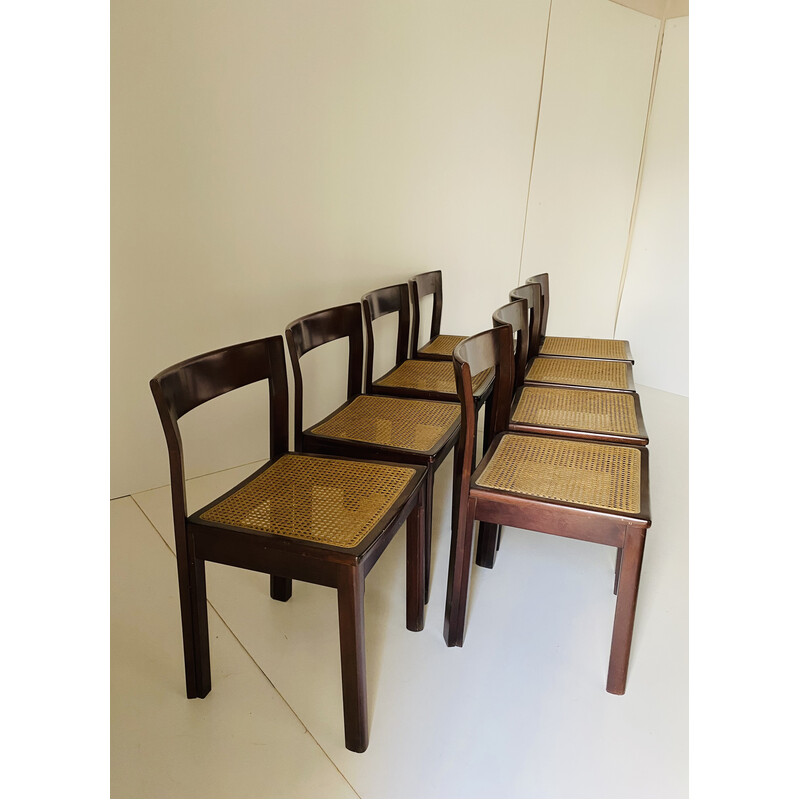 Set of 8 vintage chairs in cane and solid wood, Italy 1980s