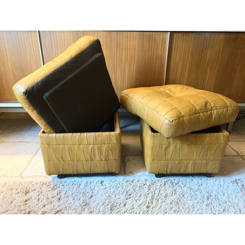 Pair of vintage leather patchwork poufs for De Sede, Switzerland 1970s