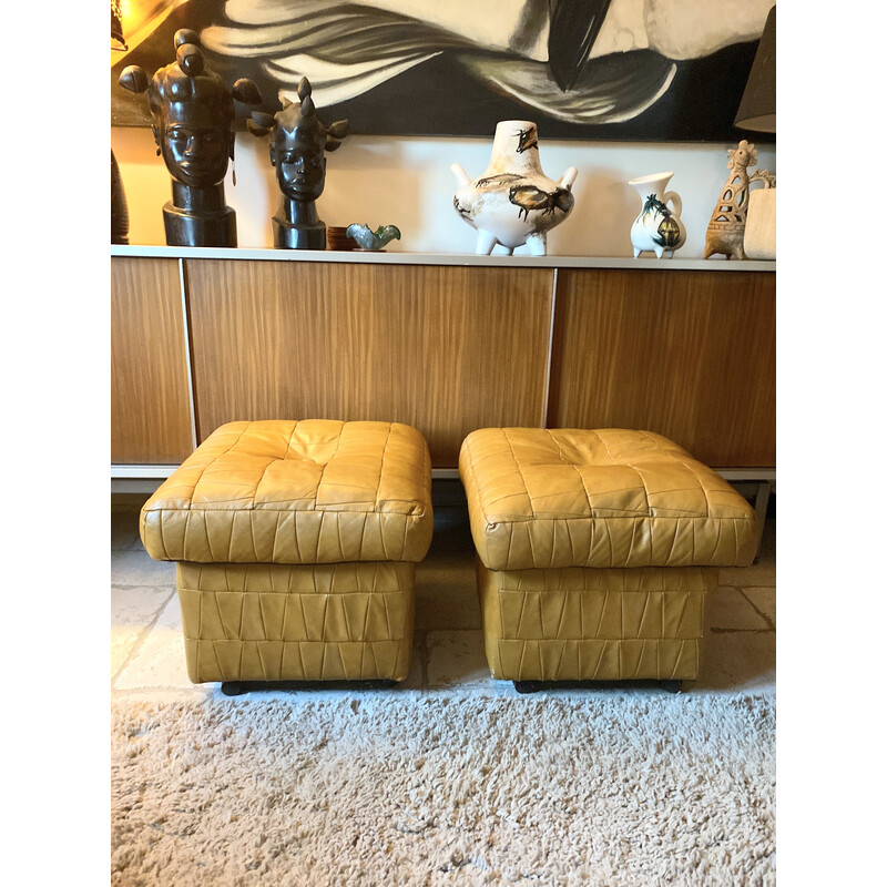 Pair of vintage leather patchwork poufs for De Sede, Switzerland 1970s