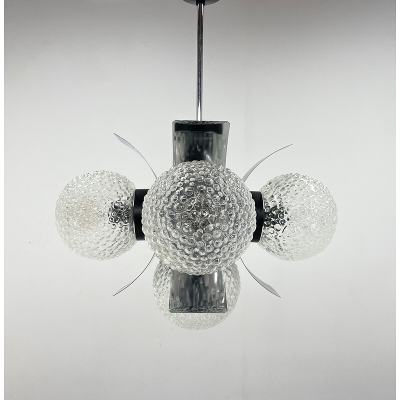 Vintage glass and chrome chandelier for Elektroinstala Děčín, Czechoslovakia 1970s