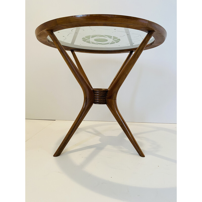 Vintage ronde salontafel in beukenhout en glas van Paolo Buffa voor Brugnoli, Italië 1950