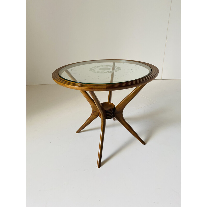 Vintage ronde salontafel in beukenhout en glas van Paolo Buffa voor Brugnoli, Italië 1950