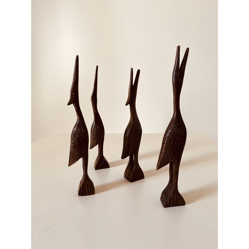 Set di 4 sculture di uccelli in legno vintage, anni '60