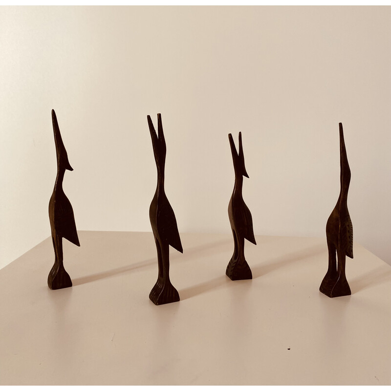 Set di 4 sculture di uccelli in legno vintage, anni '60