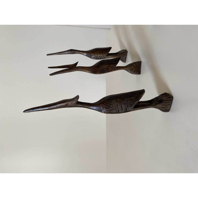 Set of 4 vintage wooden bird sculptures, 1960s