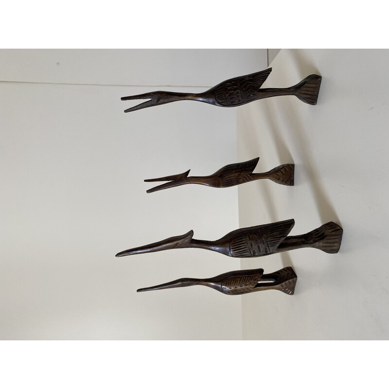Conjunto de 4 esculturas de pássaros de madeira vintage, década de 1960
